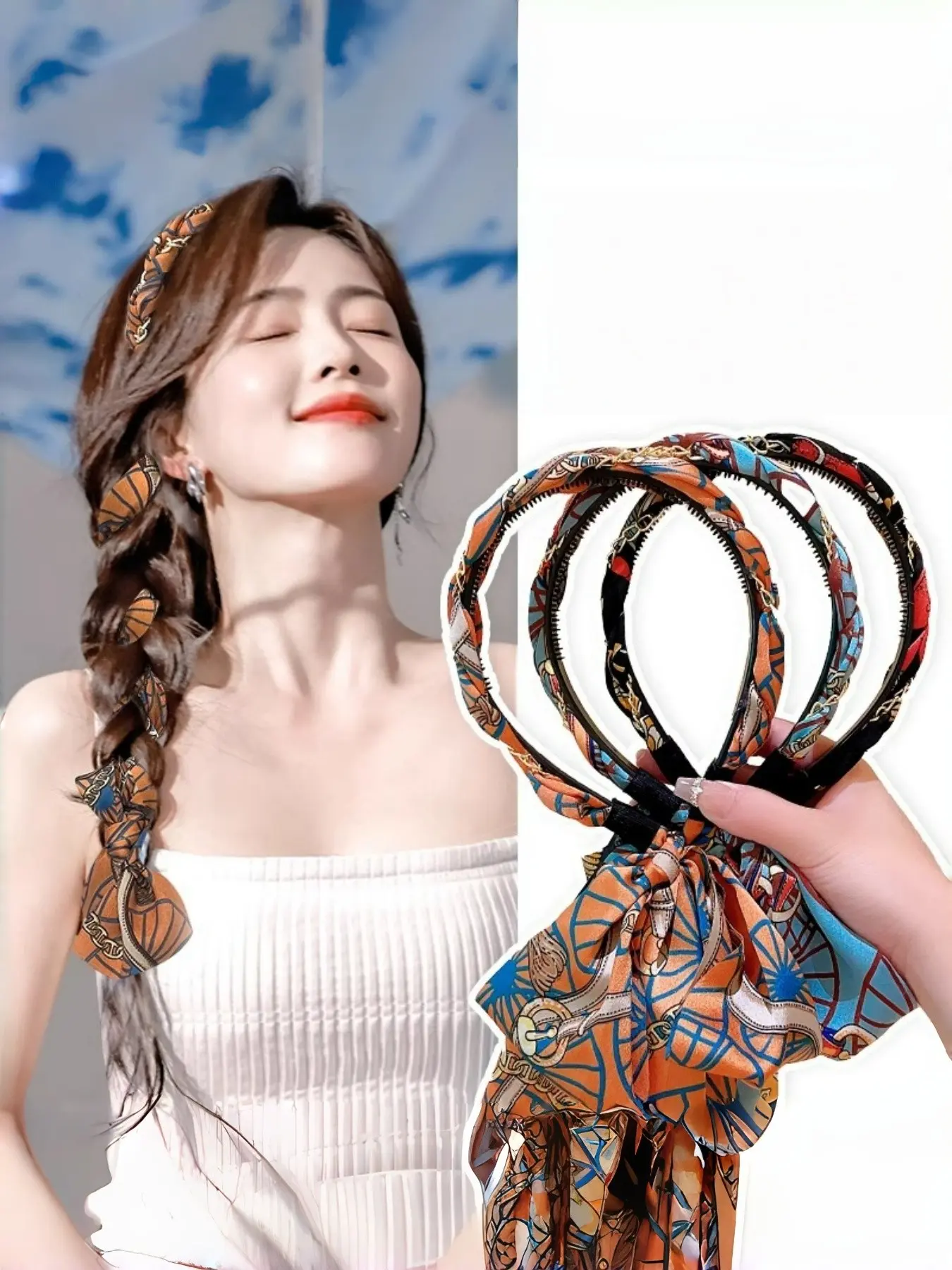Vintage Satin Headband with Ribbon, Boho Style Pop Art Print, All Seasons Hair Accessory, High Forehead Headband for Women