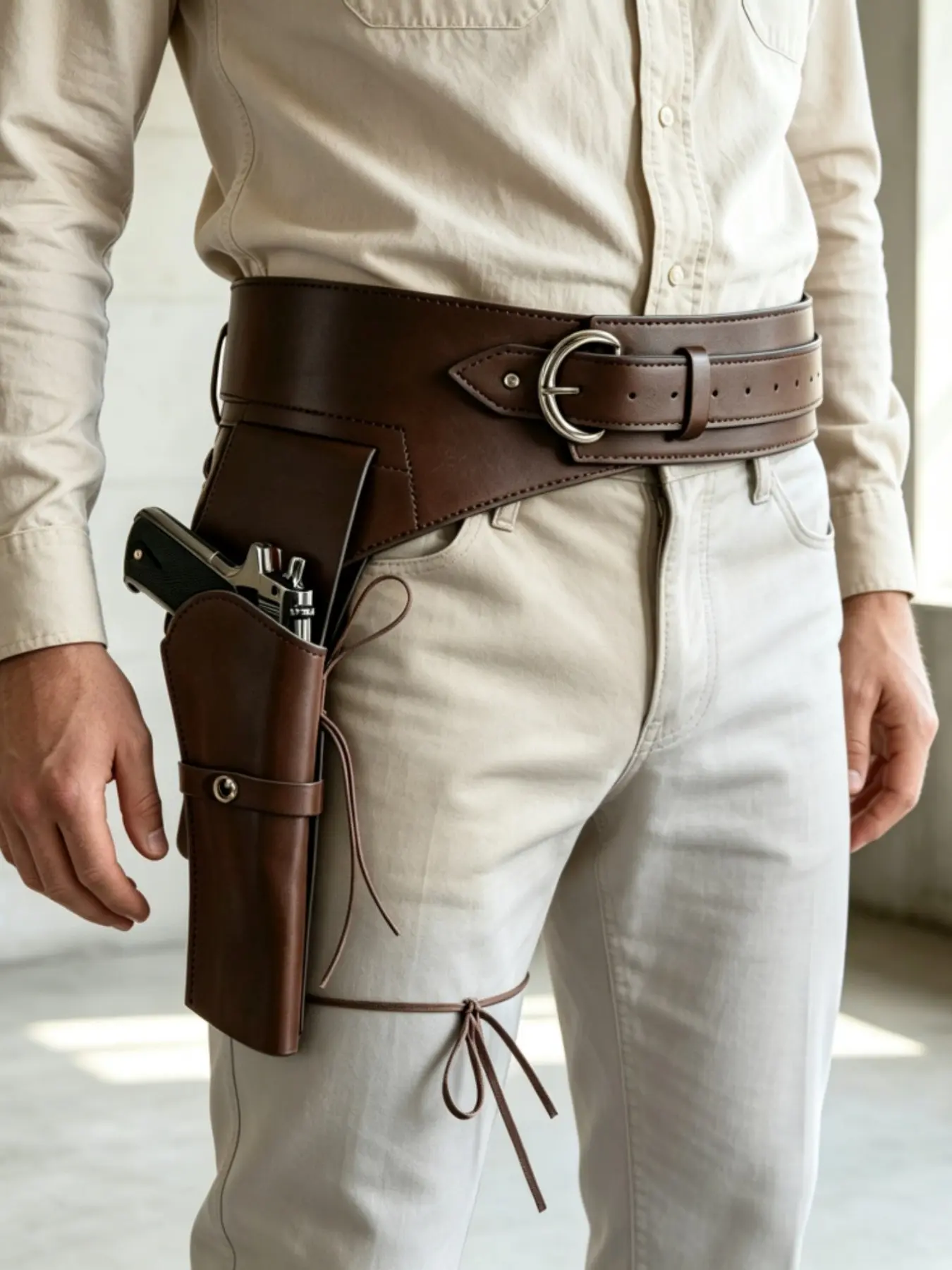 Vintage Western Cowboy PU Leather Belt Gun Holster, Wide Strap with Metal Ring Buckle, Larp Costume Prop, Halloween Cosplay Accessory, Western Belts