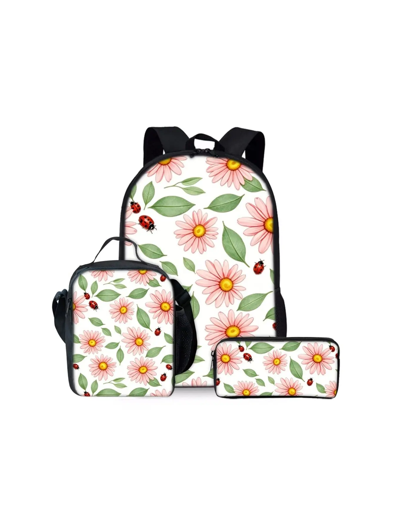 3-piece Backpack Set with 2D Ladybug Printed Pattern, Large-Capacity Lightweight Bag Set, Suitable for Outdoor Trips and Daily School Use. The set includes a backpack, a lunch bag and a pencil case, making it an ideal holiday gift for kids and friends.