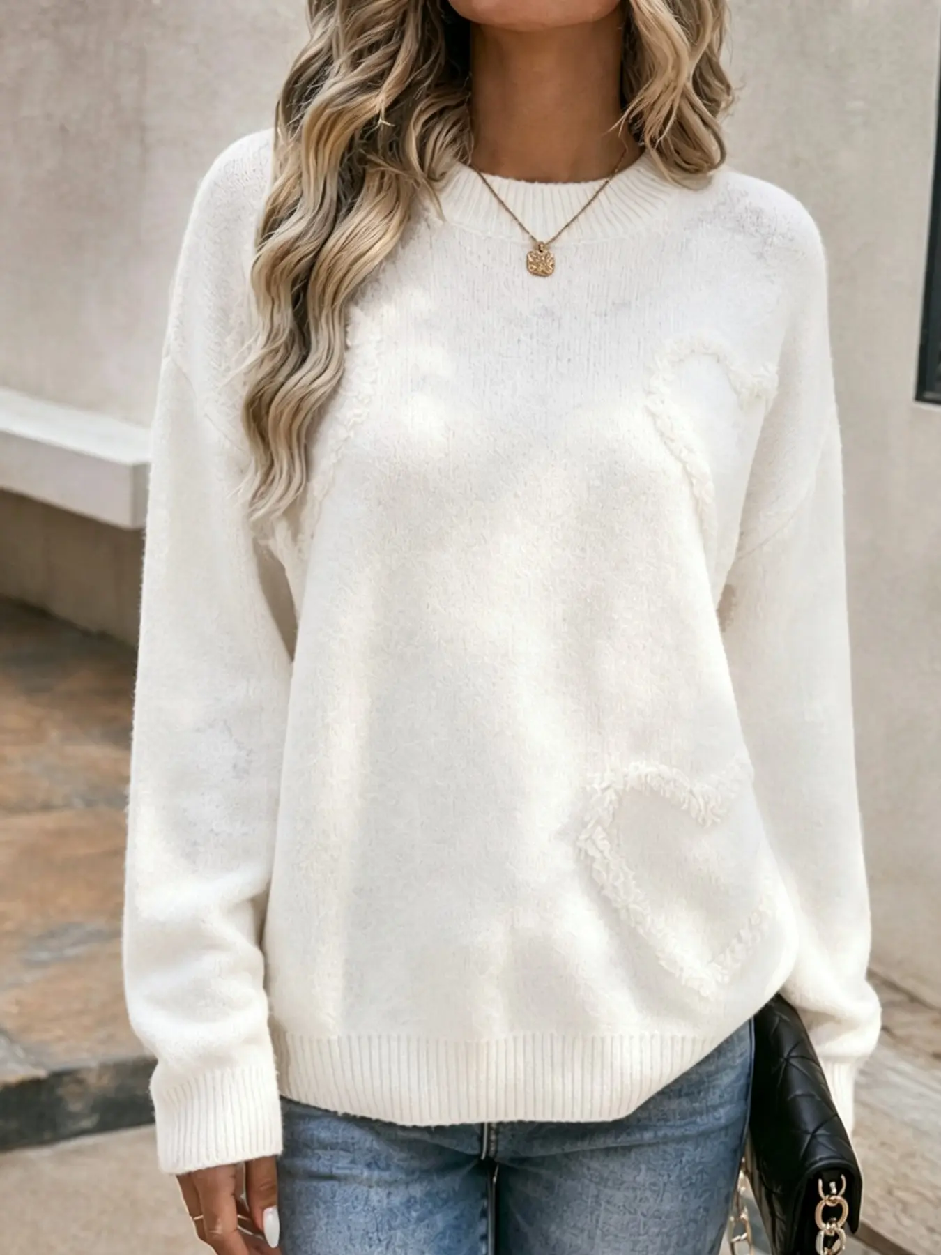 Round Neck Knit Sweater, Long Sleeve Heart Pattern Early Autumn Pullover, Casual Fall Winter Women's Knitted Top, Pretty Lady Sweater, Ladies' Clothing