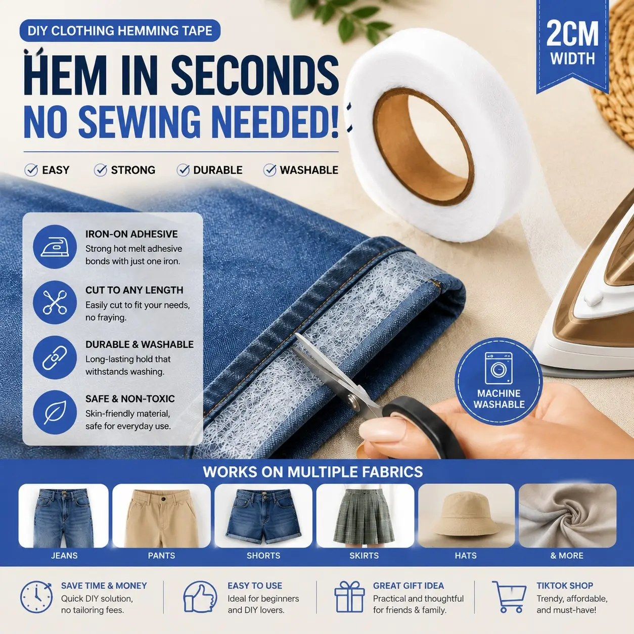 1 Pc / 3 Pcs / 5 Pcs 2cm Self-Adhesive Hem Tape, Iron-On DIY Jeans Length Shortener for Hats & Clothing, Hot Melt Double-Sided Adhesive Tape for Shorts Hem Adjustment, Sewing Tools