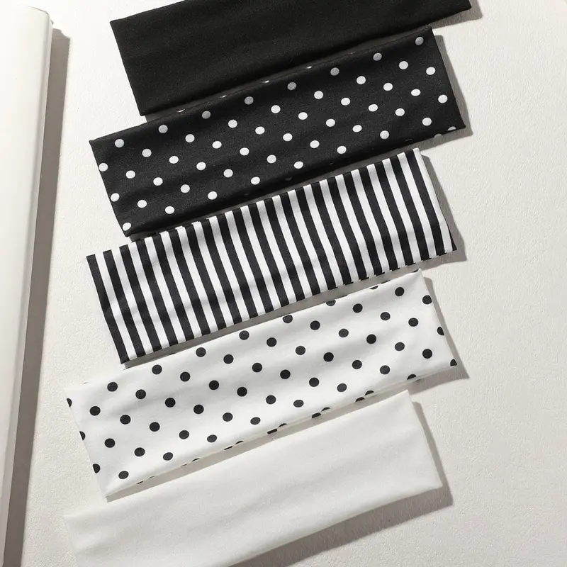 5pcs Women's Hair Bands, Headband Set, Polka Dot Striped Solid Color Sport Elastic Sweat Headbands, Soft Breathable Fabric, Ideal for Vacation Yoga Running Skincare Fashion Accessories