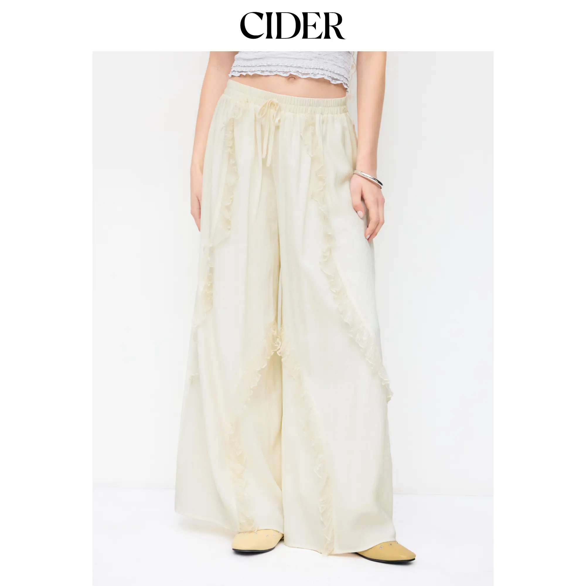 Cider Low Rise Lace Ruffle Drawstring Wide Leg Trousers