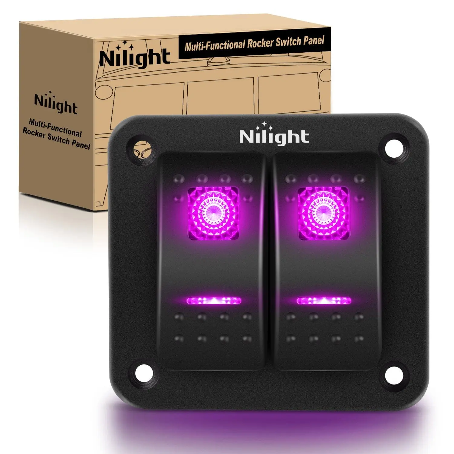 Nilight 2-Gang Aluminum 5-Pin ON/OFF Rocker Switch Panel with Power Control, Purple, Led Headlights