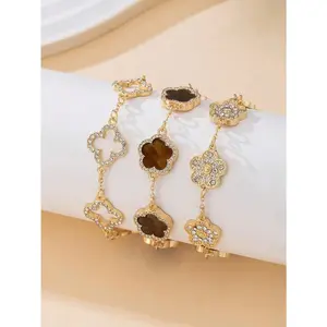 3pcs Luxury High-End Clover Crystal Decor Bracelet Set, Brown And Gold, Elegant Sweet Women Bracelet Set, Stackable/Multifunctional