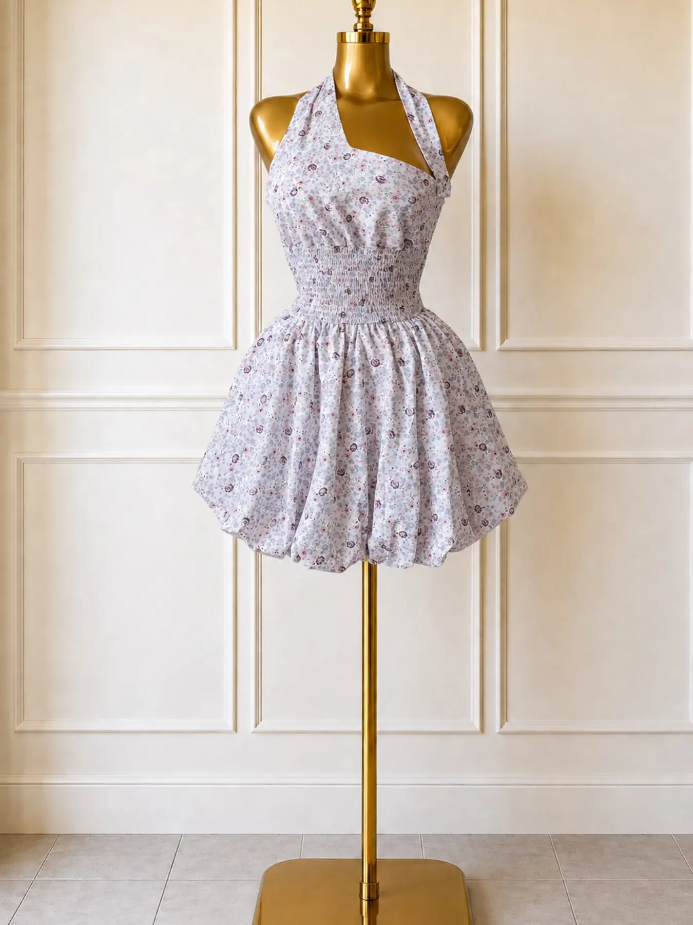 New Summer 2026 Best-Seller Floral Halter Bubble Skirt, Dress Features an asymmetrical one-shoulder halter neckline with a side button strap Perfect for dates, cocktail parties, dinner gatherings and vacation outfits