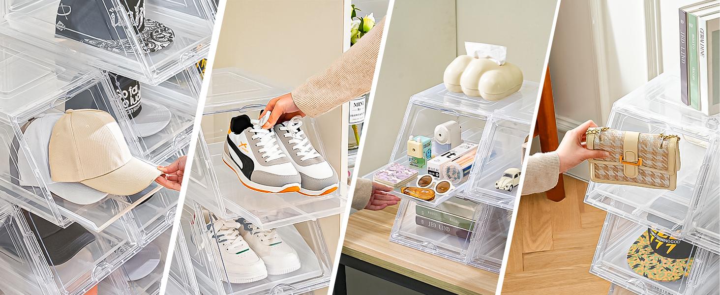 2 Pack Stackable Hat Organizer for Baseball Caps, Large Clear Hat Holder with Sliding Drawer, Hat Storage Box with Door, Baseball Cap Organizer