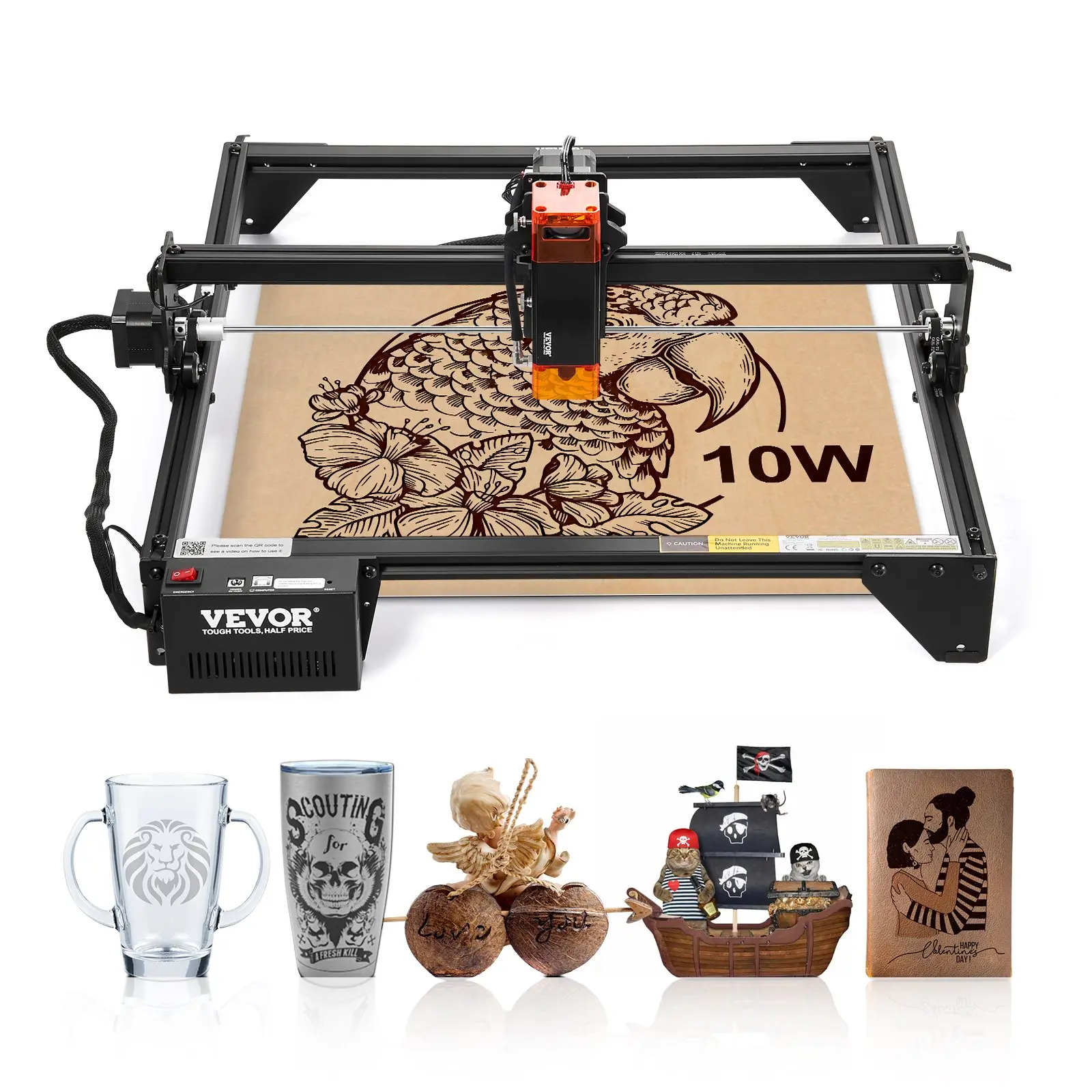 VEVOR 10W Laser Engraving Machine with Stepper Motor, 14.9x15.7in Working Area, 10000mm/min High-Speed Cut, Compressed Spot, Eye Protection, Linux Compatible, for US Art, Glasses, Windows, Wood, Furniture Marking