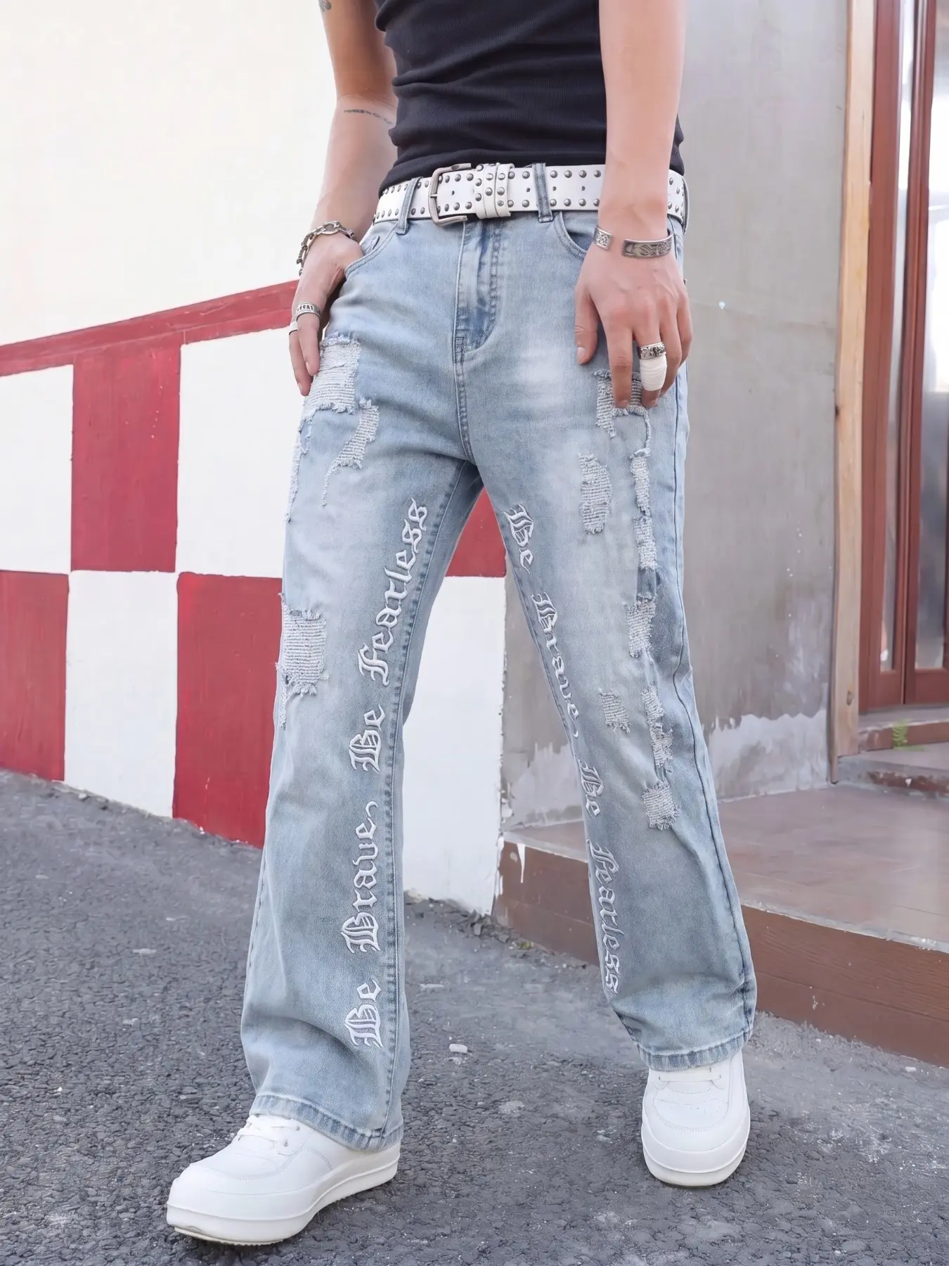 Men's Cool Casual Ripped Jeans, Slim-Fit Micro-Rise, Gothic Be Brave Embroidery, Street Style Summer Elastic Fashion Long Pants