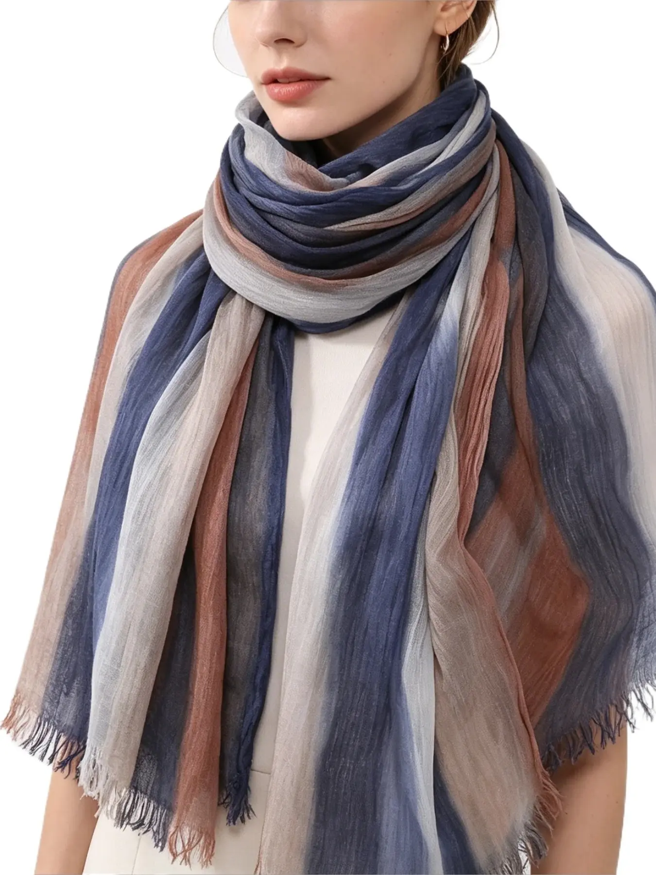 1 new cotton scarf gradual change color striped headscarf, retro versatile print women's long pleated shawl