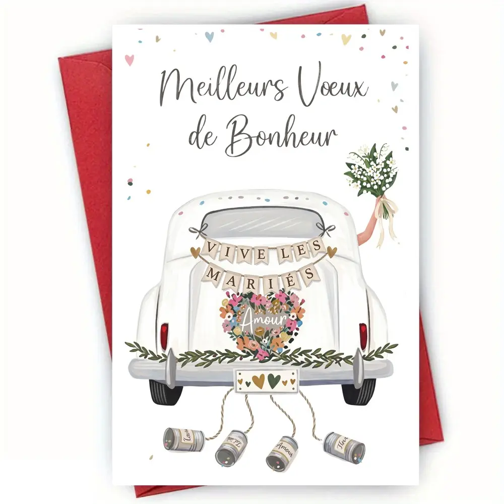 Wedding Congratulations Greeting Card for Couple or Newlyweds, French Wedding Wishes Design, 5x7 Inch Blank Inside Card with Red Envelope, Ready for a Personal Message