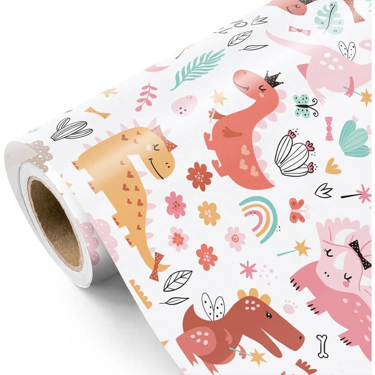Dinosaur Wrapping Paper - Mini Roll - 17 Inch x 9.8  -  Dinosaur Girl Wrapping Paper  for  Girls,  Shower, Dino Party