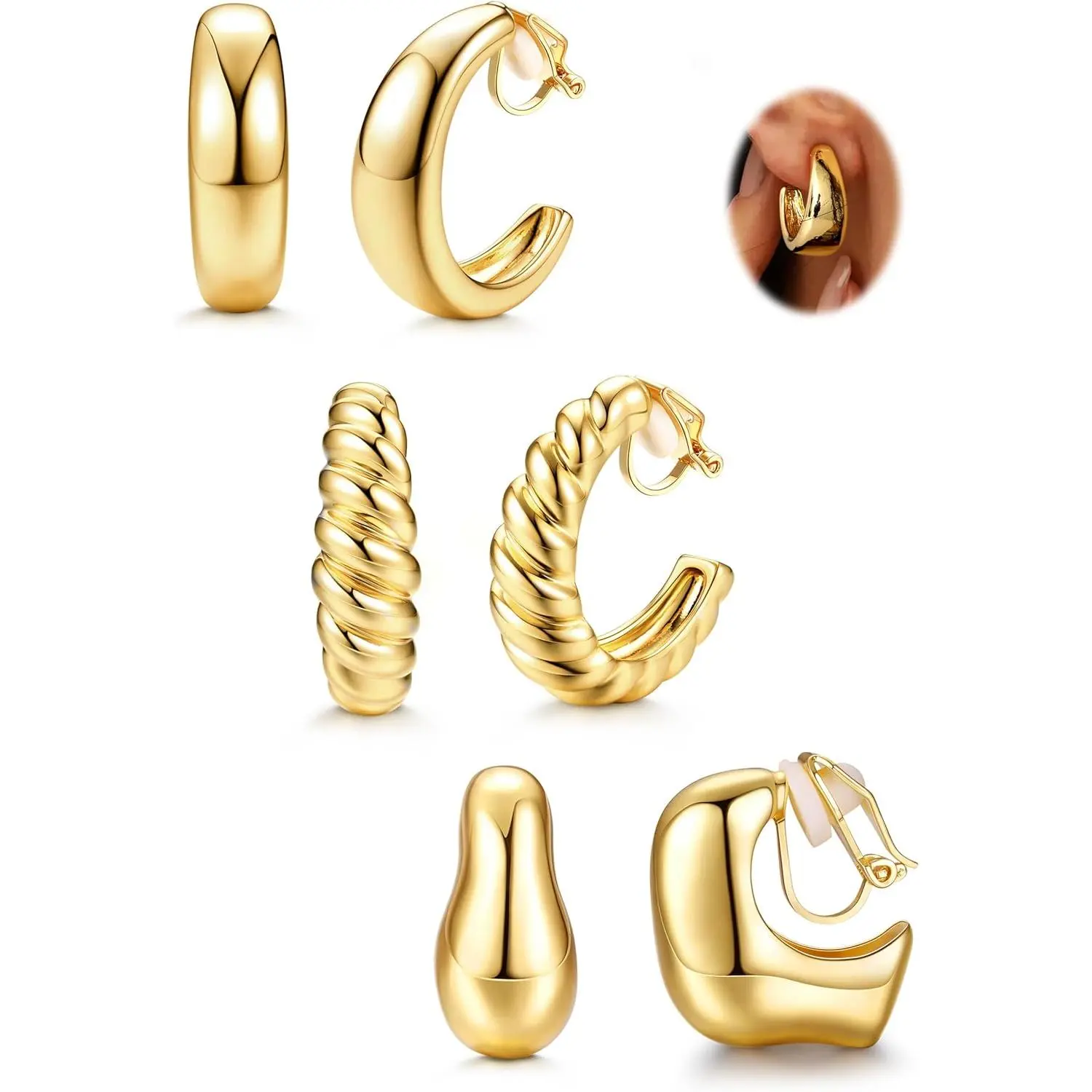 BESTEEL  3 Pairs of Women's Clip-On Earrings, 14K Gold-Plated Chunky Hoop Earrings, No Piercing Required, Clip-On Earring Set, Women's Gold/Silver Earrings