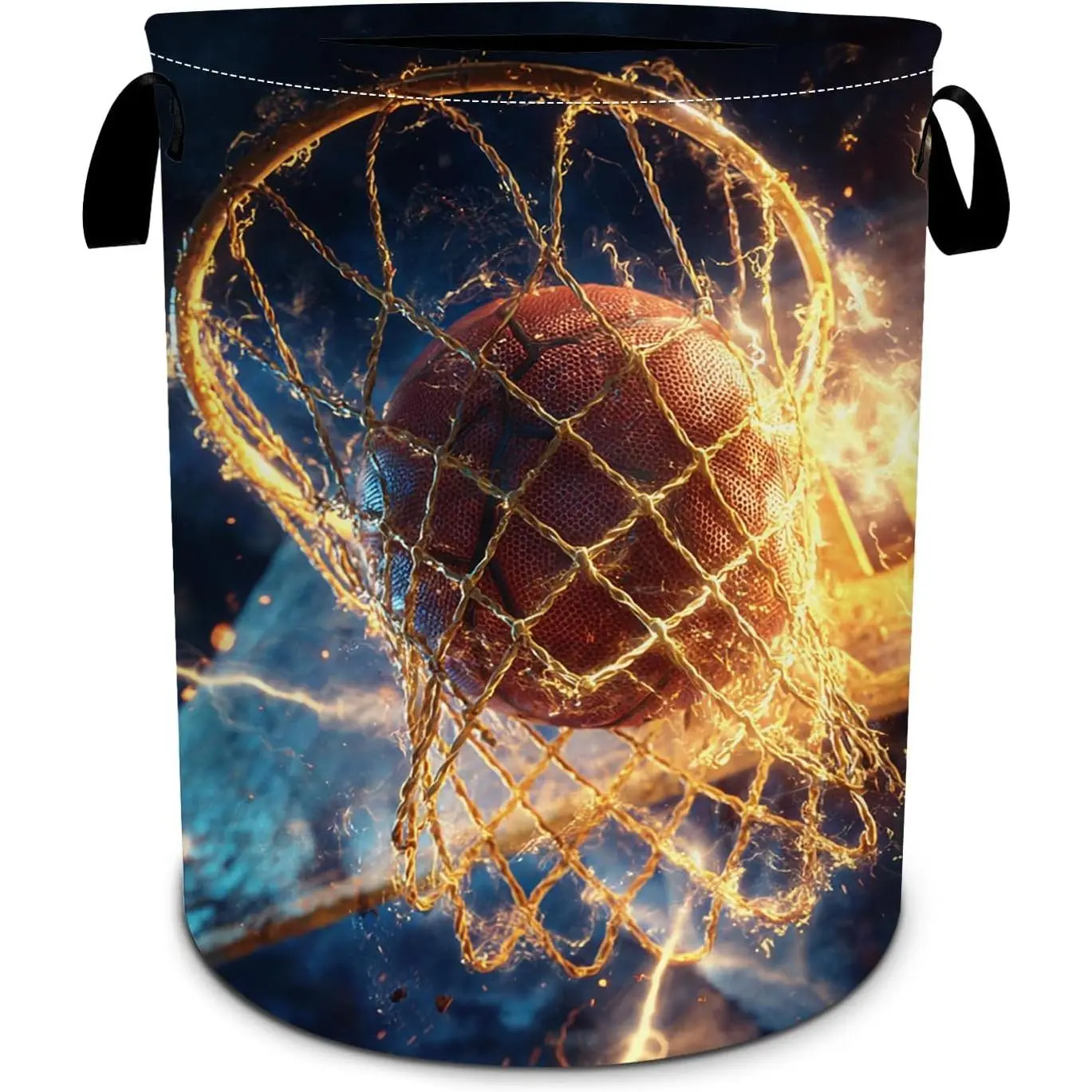 Collapsible Oxford Cloth Basketball Sport Laundry Basket with Collapsible Handle, Waterproof Laundry Hamper for Dorm & Bathroom, 15.7x20 in, Art