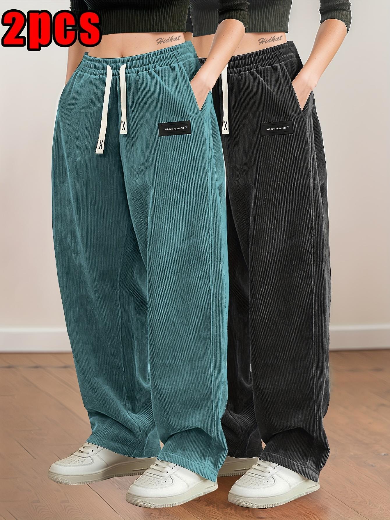 2 Pairs Women's Corduroy Pants, Women's Corduroy Wide Leg Pants 2 Pack, Women's Elastic Waist Corduroy Trousers, Women's Casual Corduroy Sweatpants 2PCS, Plus Size Corduroy Pants