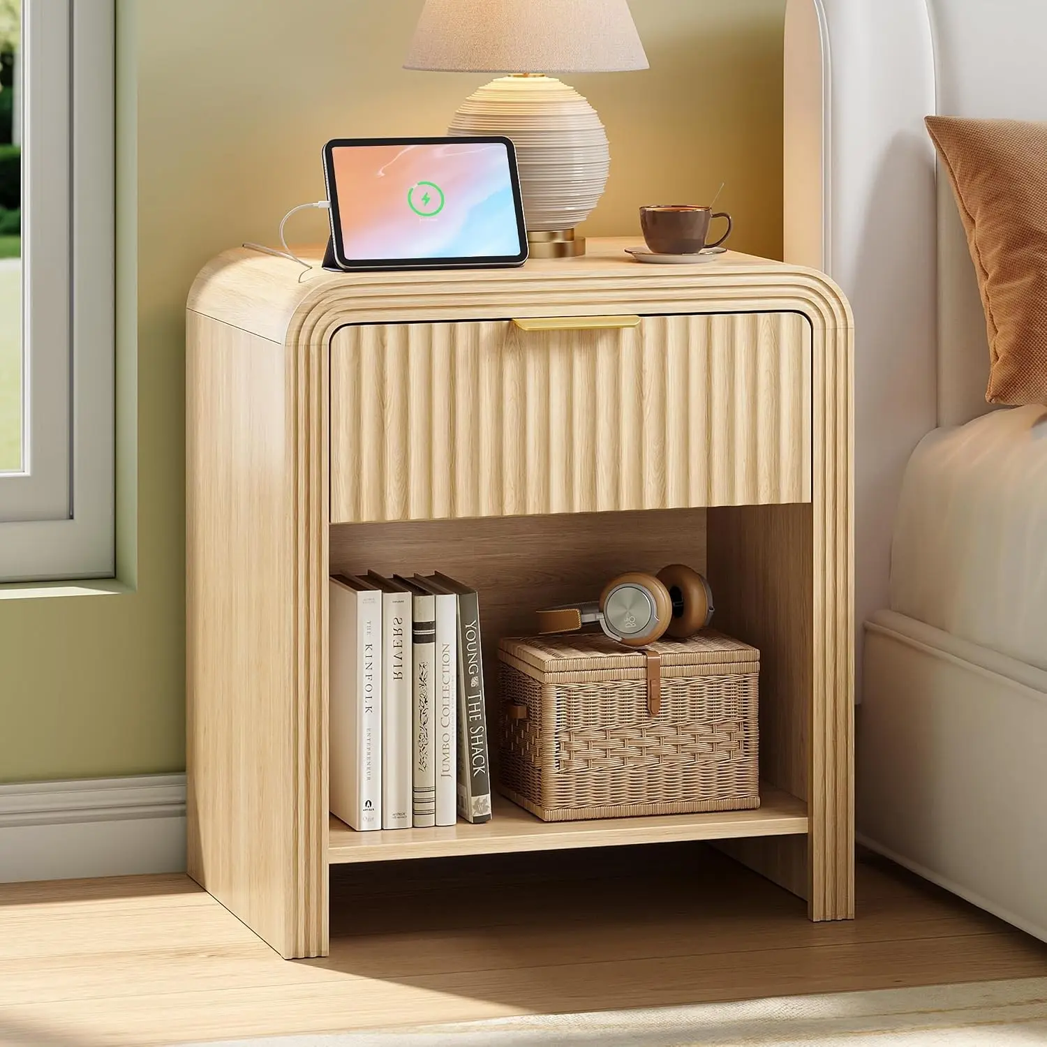 Oak Wood 1-Drawer Fluted Nightstand - Single Unit with Charging Station, Gold Handles, Curved Profile, USB & Type-C Charging Ports, Open Shelf, Bedroom Storage Wood Bedside Table, Requires Assembly
