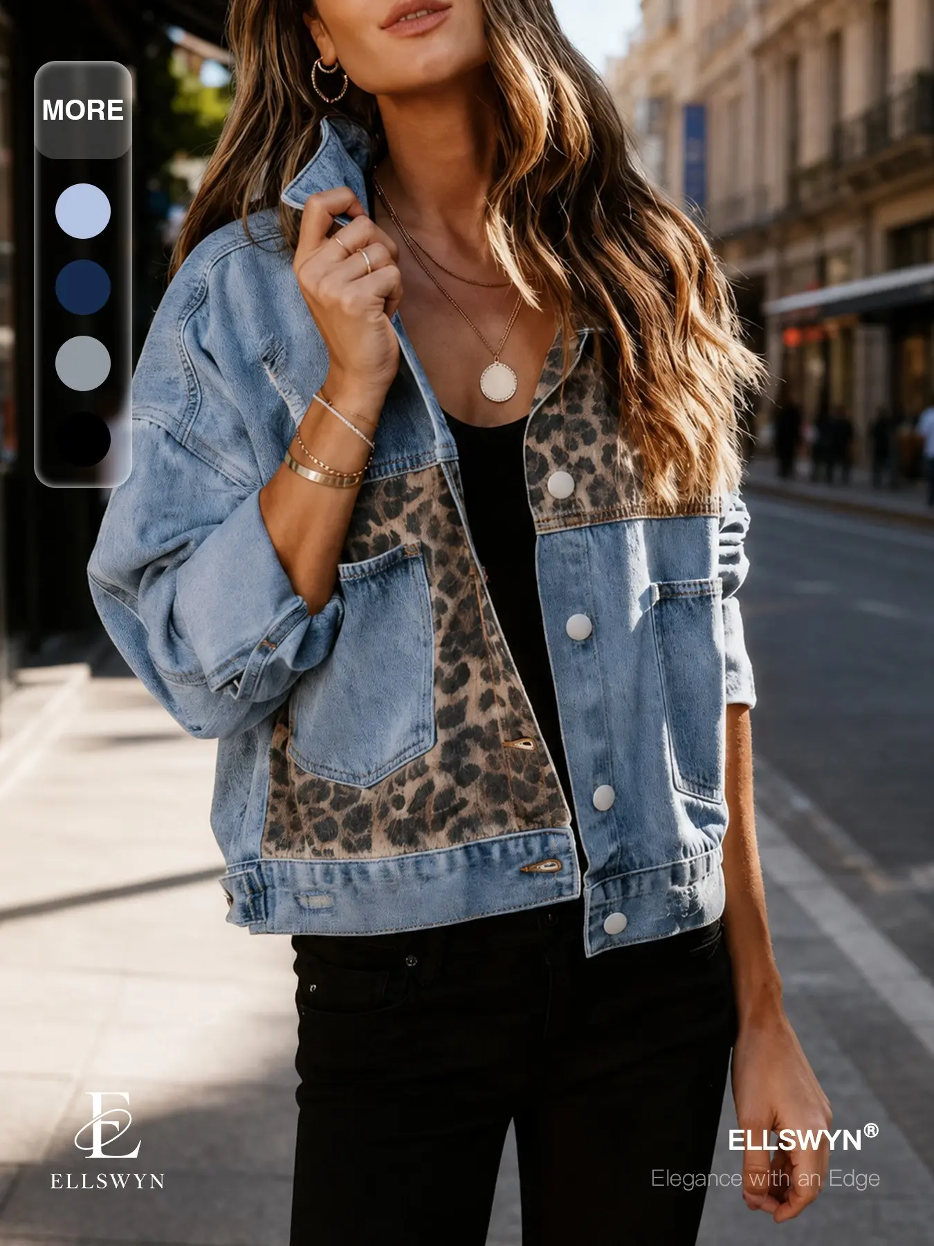 ELLSWYN Women's Leopard Print Denim Jacket, Oversized Patchwork Trucker Jacket with Pockets, Chic Vintage Casual Fall Streetwear Fashion Outerwear