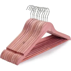 American Red Cedar Wooden Hangers, Clothes Hangers for Closet, Wood Coat Hanger with Smooth Cut Notches, 360°Flexible Hook, Non-Slip Pants Bar,10 Pack-CT07C