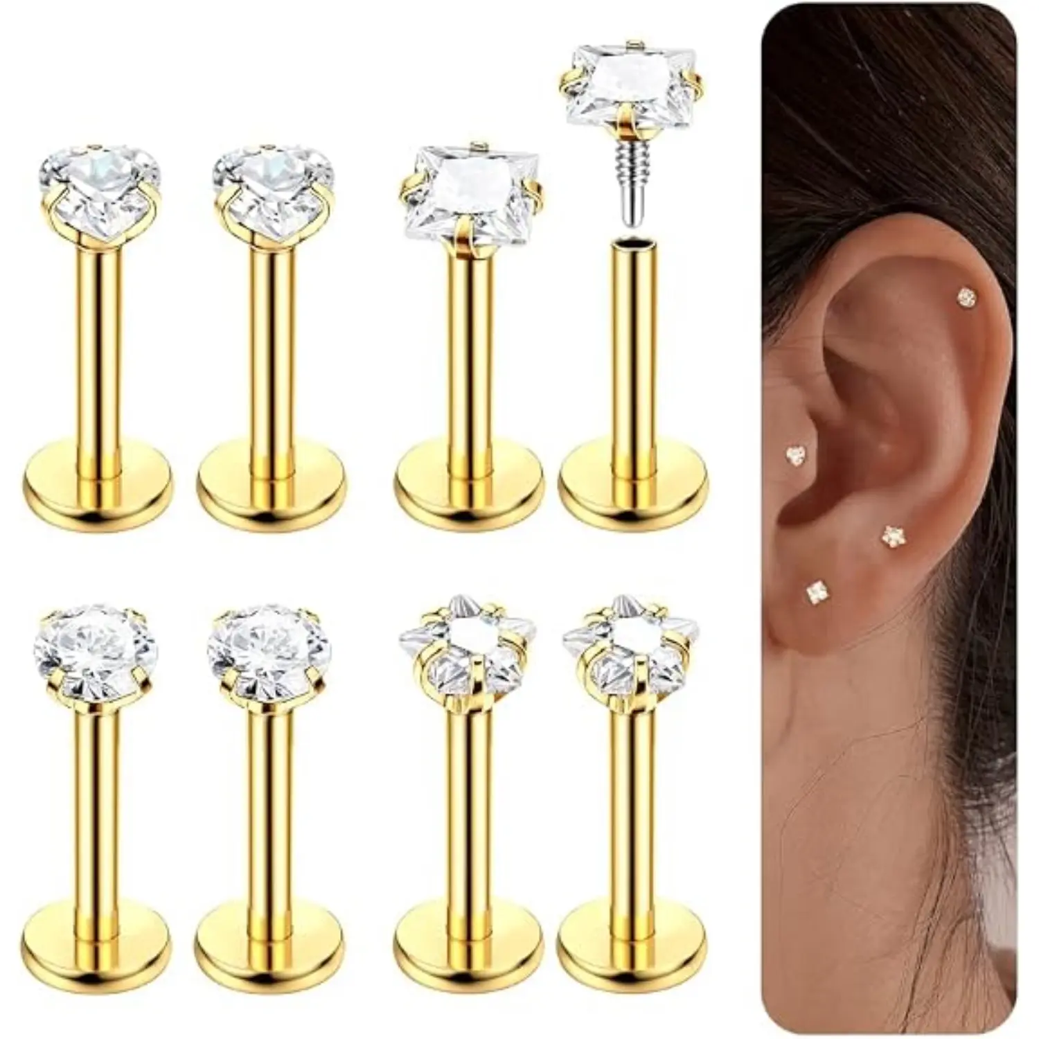 8Pcs 16G Tragus Piercing Jewelry, Flat Back Earrings, Hypoallergenic Surgical Steel Stud Earrings for Women Sensitive Ears, Piercing Jewelry