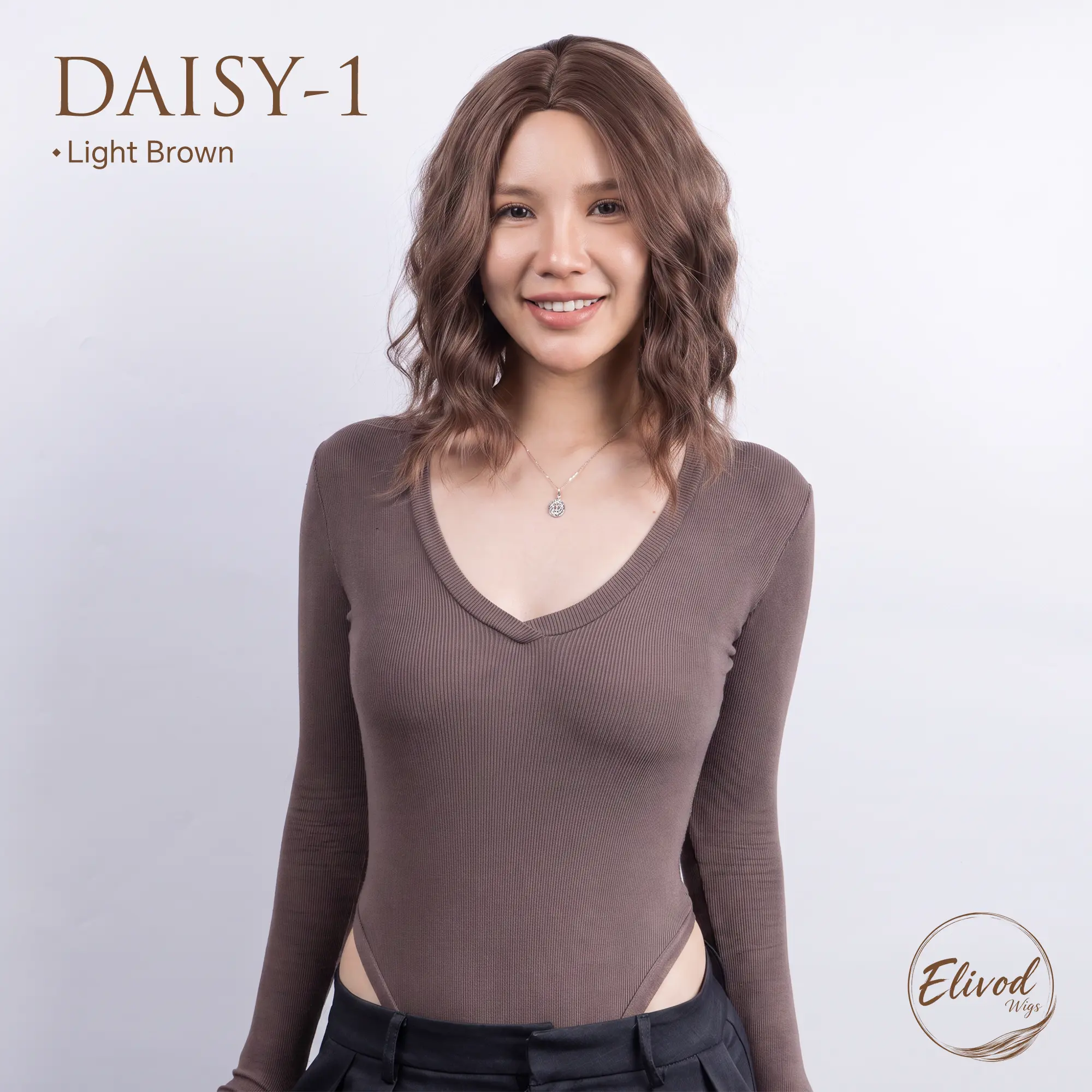 6 Elivod Wigs DAISY 14 Inches Short Water Wave Glueless Synthetic Wig | 2 Hot Colors Light Brown & Dark Grey