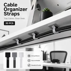 No-Residue Self-Adhesive Cable Organizer Straps, Reusable Velcro Cable Ties, 30pcs Desk Cord Management for Messy Wires