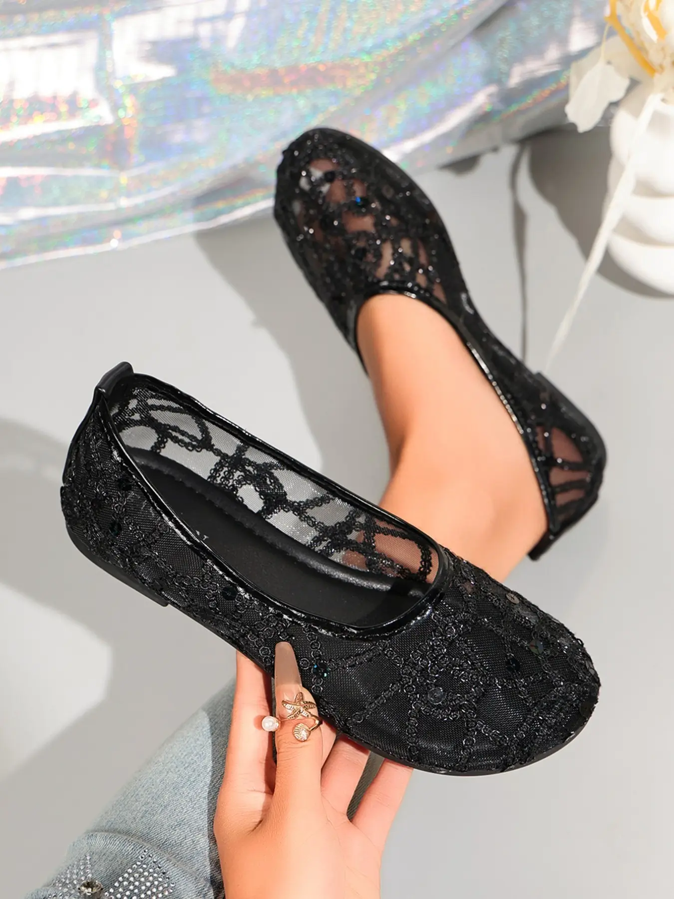 Women's Sheer Mesh Rhinestone Flat Shoes, Round Toe Crystal Glitter Slip on Ballet Flats, Elegant Wedding Bridal Daily Dress Shoes