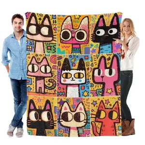 Vibrant Doodle Graffiti Cute Cartoon Cat Grid Print Soft Flannel Throw Blanket, Baby Blankets and Adult Blankets, Lightweight Colorful All Season Cozy Nap Cover, Multi-Scene Versatile Blanket For Bedroom, Sofa, Office & Travel, Viral Kidcore Dopamine Brig