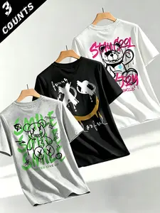 3-Pack Men's Hip Hop Street Crew Neck Tees, Three Mixed Graffiti Bear Smiley Face Back Print Casual Daily Streetwear Short Sleeve Tops