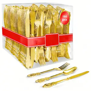 180pcs Exquisite Disposable Cutlery Set, Suitable for 60 Guests, Available in Golden/Silvery, Sturdy And Durable Heavy-Duty Plastic Utensils, Ideal for Everyday Use, Perfect for Parties/Weddings/Holiday Gatherings, Valentine'S Day, Christmas