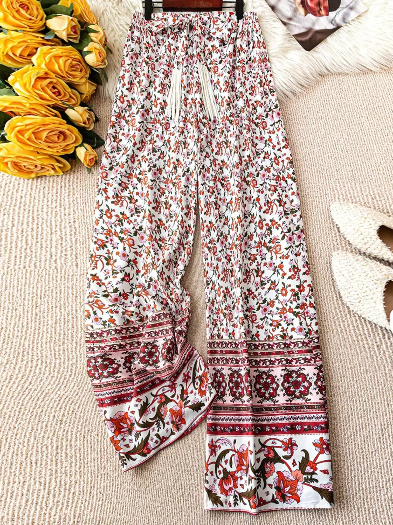 Women's Bohemian High-Waisted Floral Wide-Leg Pants, Fringe Drawstring, Loose Fit, Smooth Fabric, Beach & Vacation Wear
