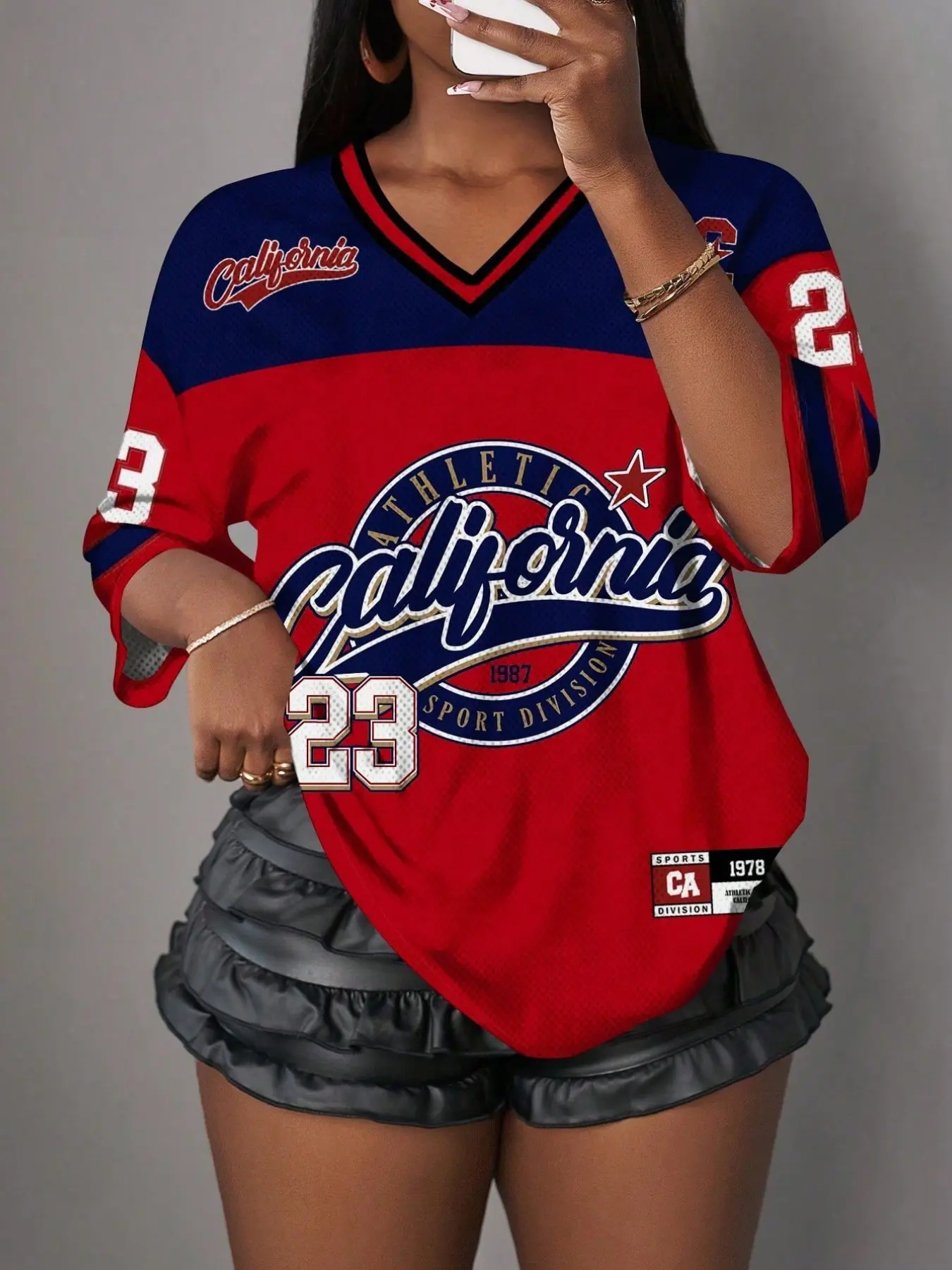 American Vintage California 23 Number Colorblock V-Neck Short Sleeve Jersey, Women's Loose Fit Breathable Mesh Sports Baseball Top, Athletic Tops