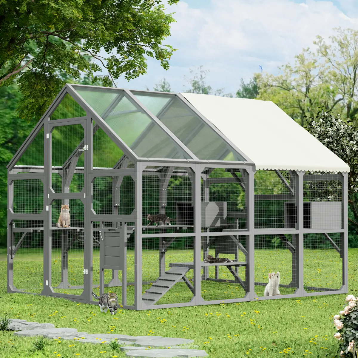 Aobtkel Large Pine Wood Outdoor Catio Enclosure for Multiple Kittens, Waterproof Walk-In Kitty Kennel with 7 Platforms, 2 Resting Boxes, 1 Bridge, 1 Ramp, Sunshine Board Roof, 141.31lbs Capacity, 2-Hour Assembly, Gray