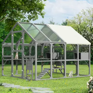 Aobtkel®Large Catio Outdoor Cat Enclosure for Multiple Kittens, Wooden Cat House with 7 Platforms, 2 Resting Boxes, 1 Bridge and 1 Ramp, Walk in Kitty Cage Kennel with Sunshine Board Roof, Gray