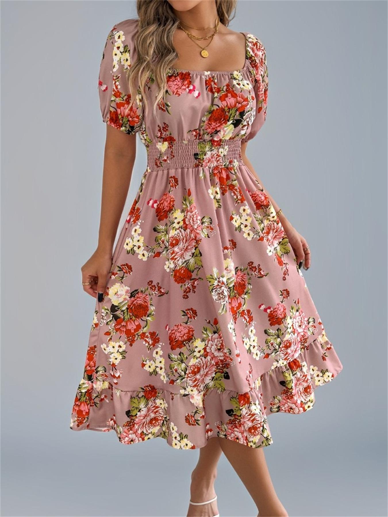 Women's Ditsy Floral Print Shirred Ruffle Hem Dress, Boho Fashion Cute Square Neck Puff Sleeve Knee Length Dress for Holiday Daily Wear, Ladies Dress for Summer