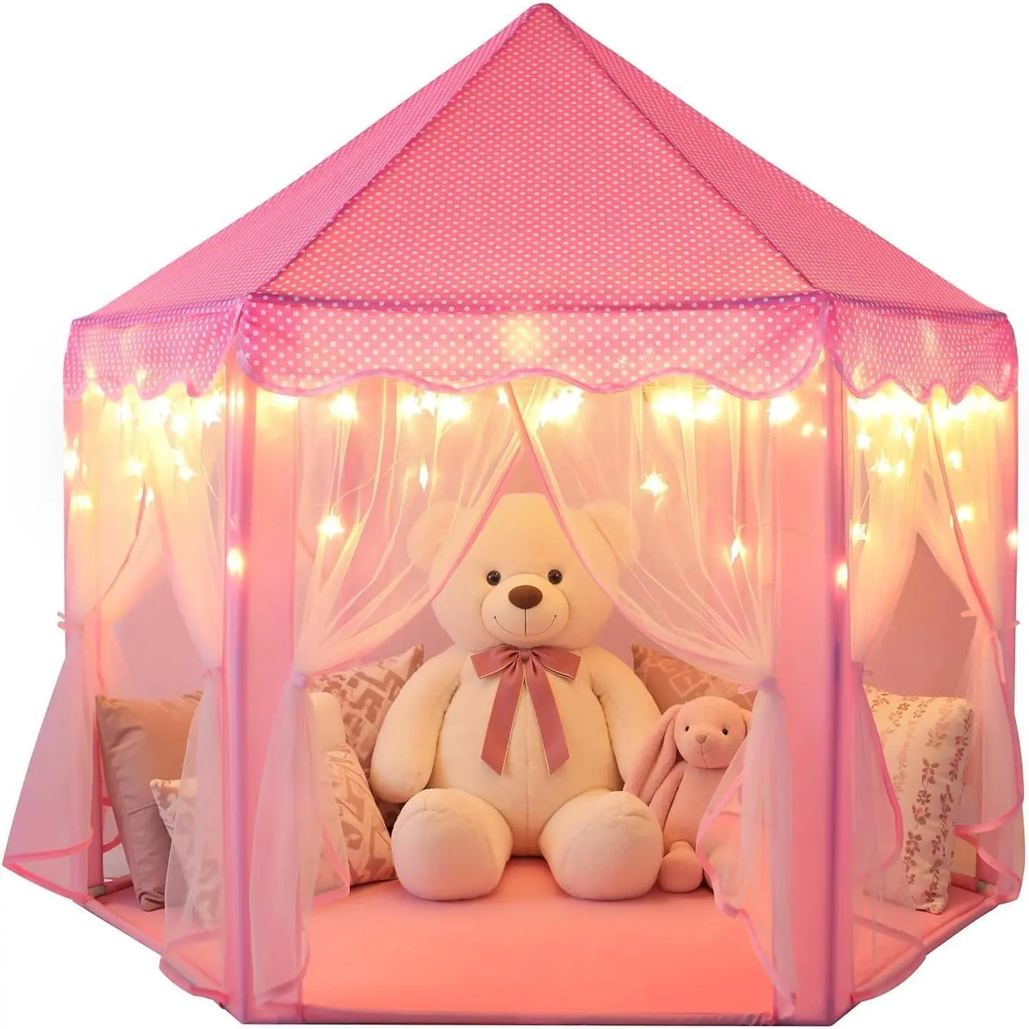 Princess Castle Tent for Girls Fairy Play Tents for Kids Hexagon Playhouse with Fairy Star Lights Toys for Children Toddlers Indoor Outdoor Games (Pink)