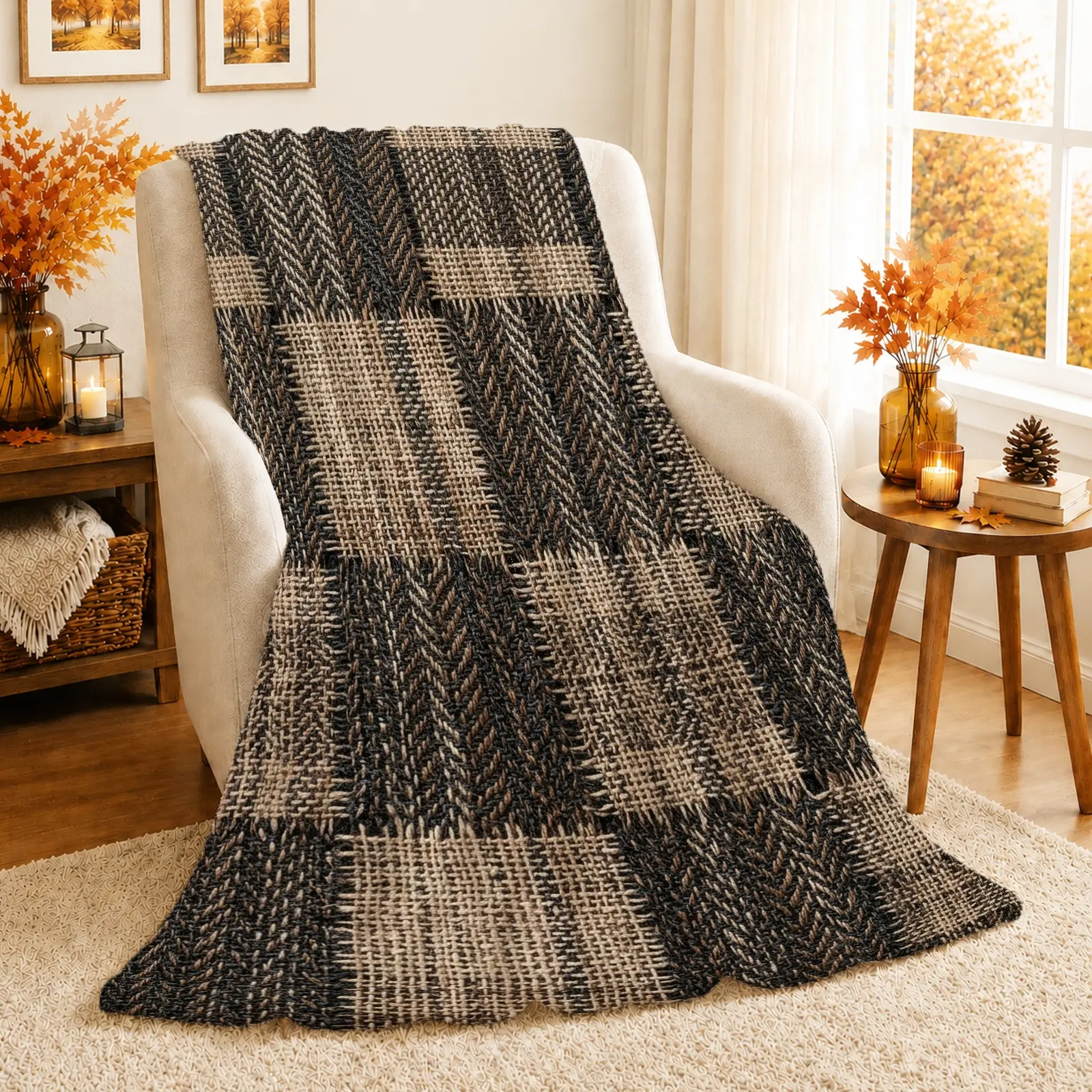 1pc Herringbone Plaid Blanket, Rustic Farmhouse Style, Classic Checkered Pattern with Warm Earth Tones, for Sofa Living Room and Cozy Home Decor