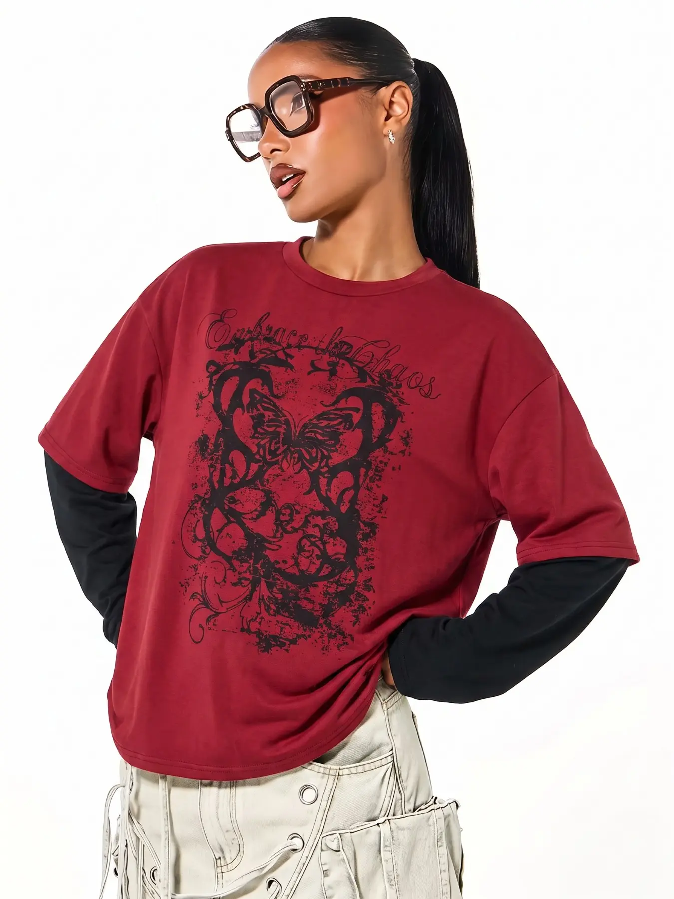 Women Vintage Gothic Butterfly Print Fake Two Layer Long Sleeve Tee, Oversized Crew Neck Distressed Graphic T Shirt, Y2K Grunge Alt Streetwear, Trendy Loose Fit Casual Daily Going Out Top, Aesthetic Fall Ladies Viral Fashion Pullover Blouse