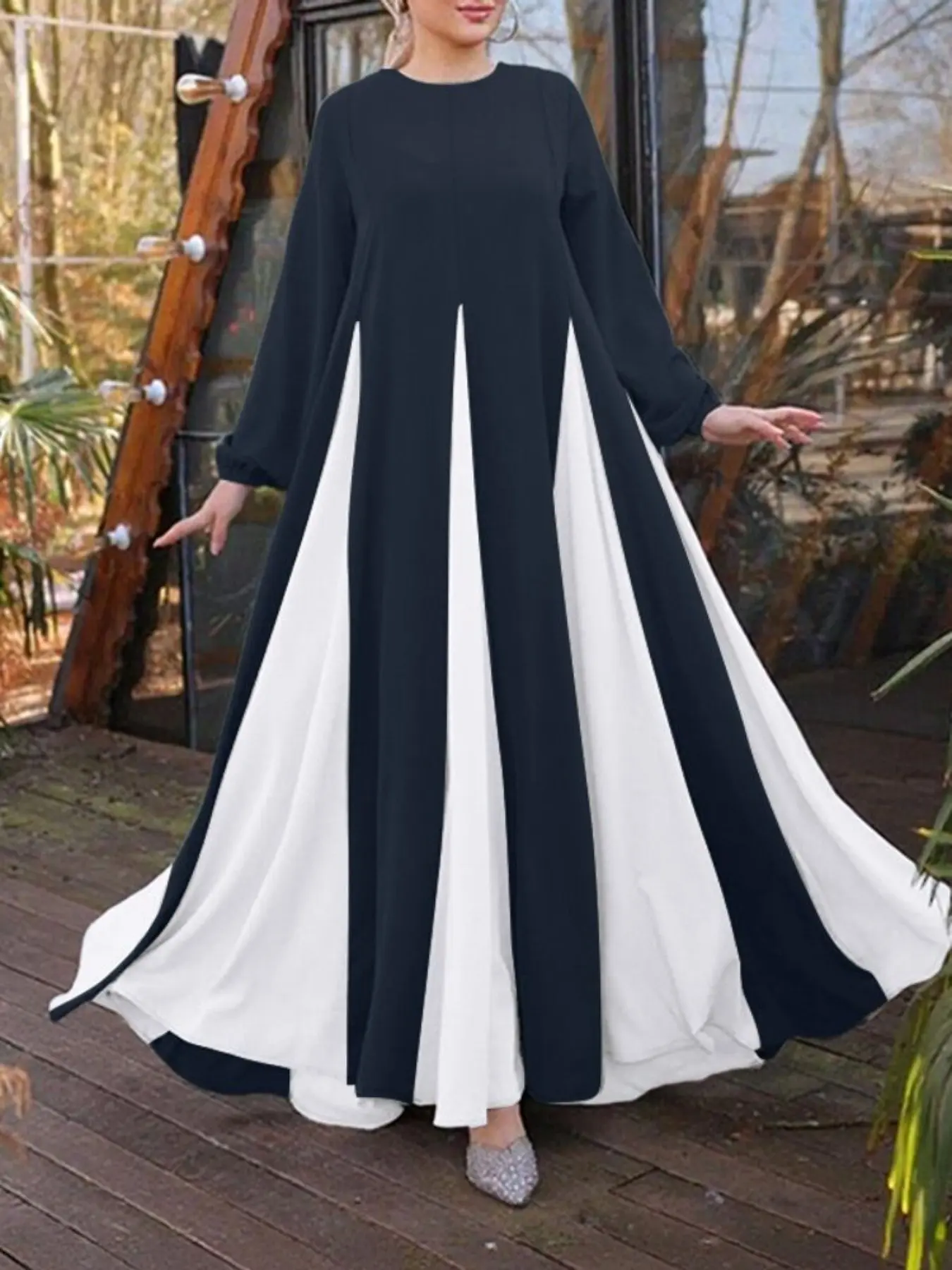 ZANZEA Women's Casual Fashion Dress, Round Neck, Patchwork, Colorblock, Long Sleeve, Mushroom Button, Elastic Waist, Long Dress, Modest Islamic Clothing