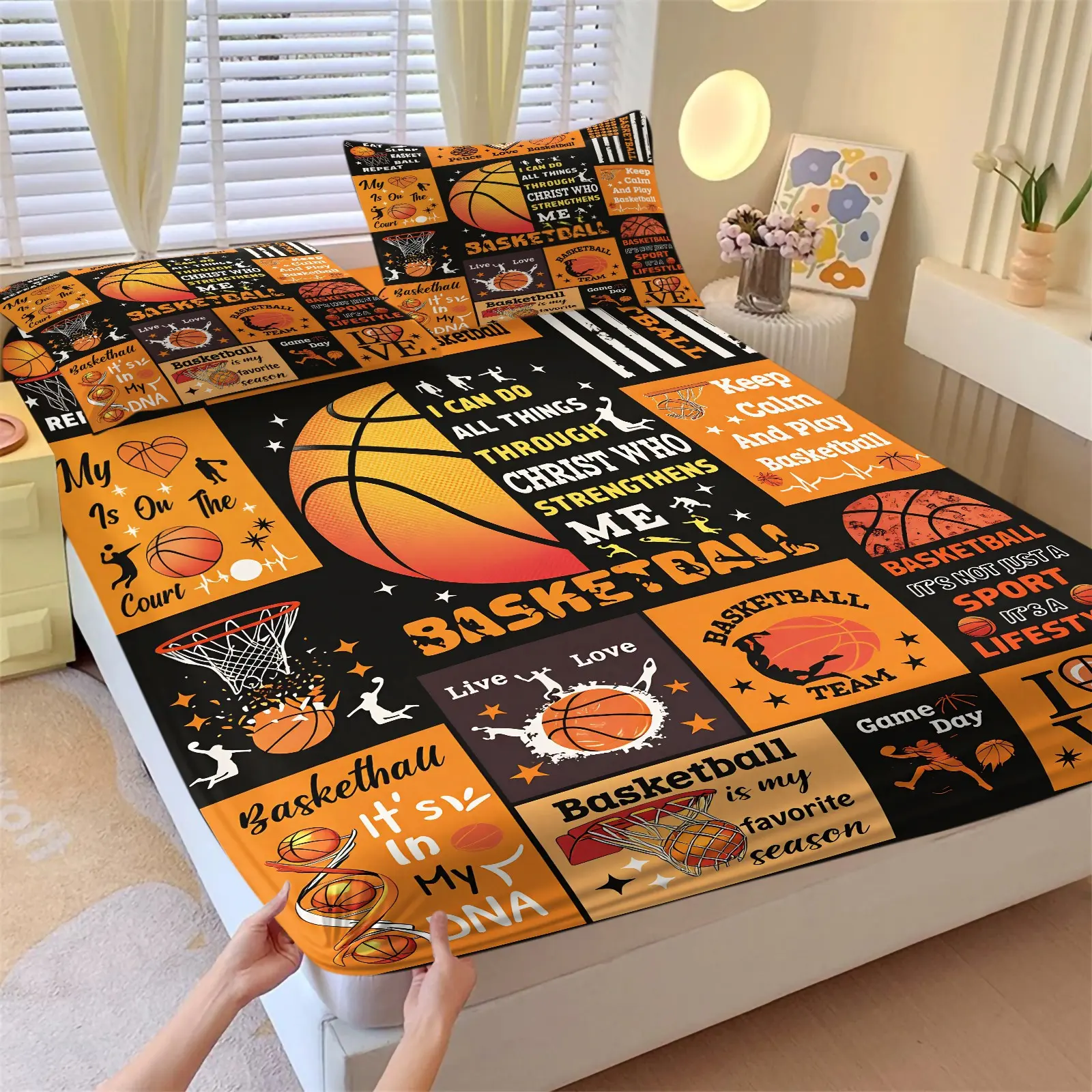 American Basketball Motivational Fitted Sheet Set & 2 Coreless Pillowcases-Basketball, Basketball Hoop, Athlete Silhouette Grid Poster Collage-Deep Pocket Mattress Protector-Street Sports Bedroom Decor