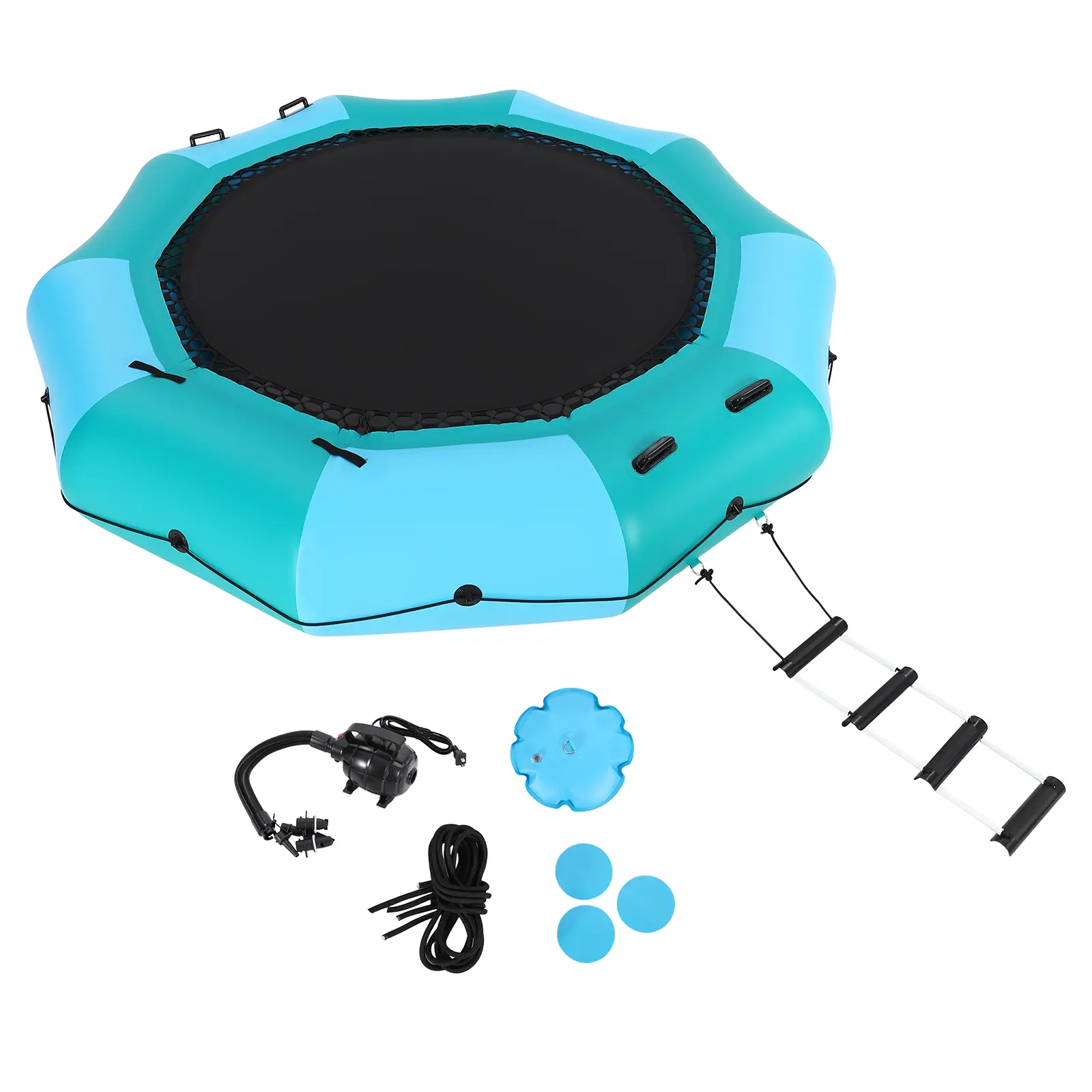 15FT Inflatable Water Trampoline, Heavy-Duty Floating Lake & Ocean Bounce Platform  – 600W Air Pump, 4-Step Ladder, Mooring Ropes, Anchor Bags