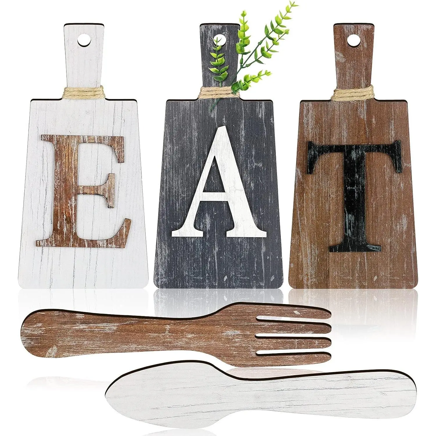 Cutting Board Eat Sign Set Hanging Art Kitchen Eat Sign Farmhouse Fork and Spoon Wall Decor Rustic Primitive Country Kitchen Decor for Home over Cabinet Decoration(White, Grey, Dark Brown)