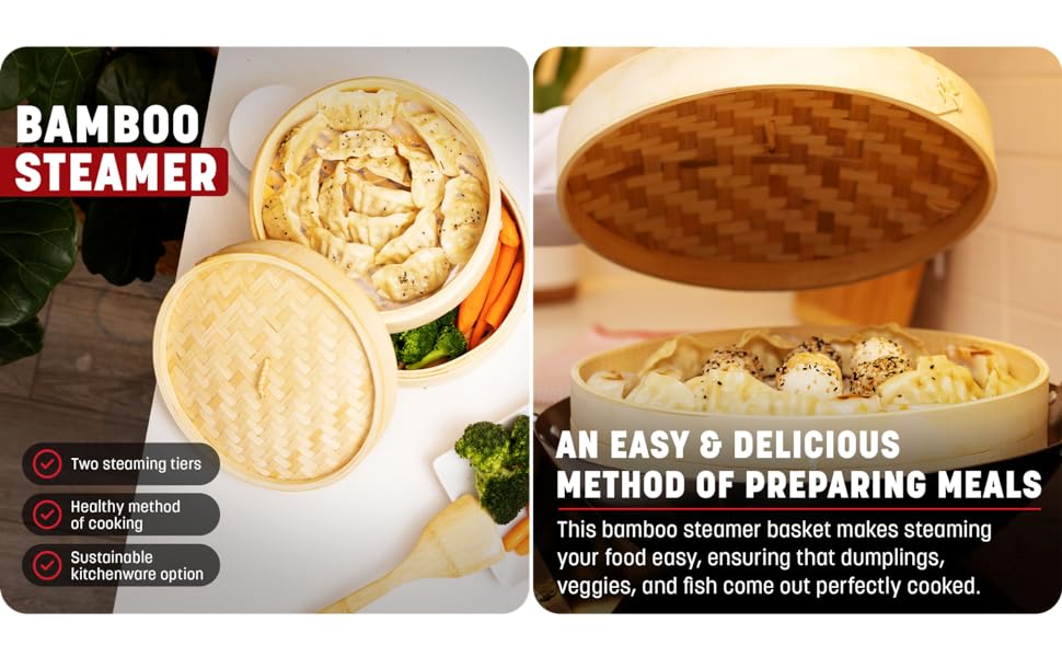 2-Tier Bamboo Steamer Baskets, 10-Inch