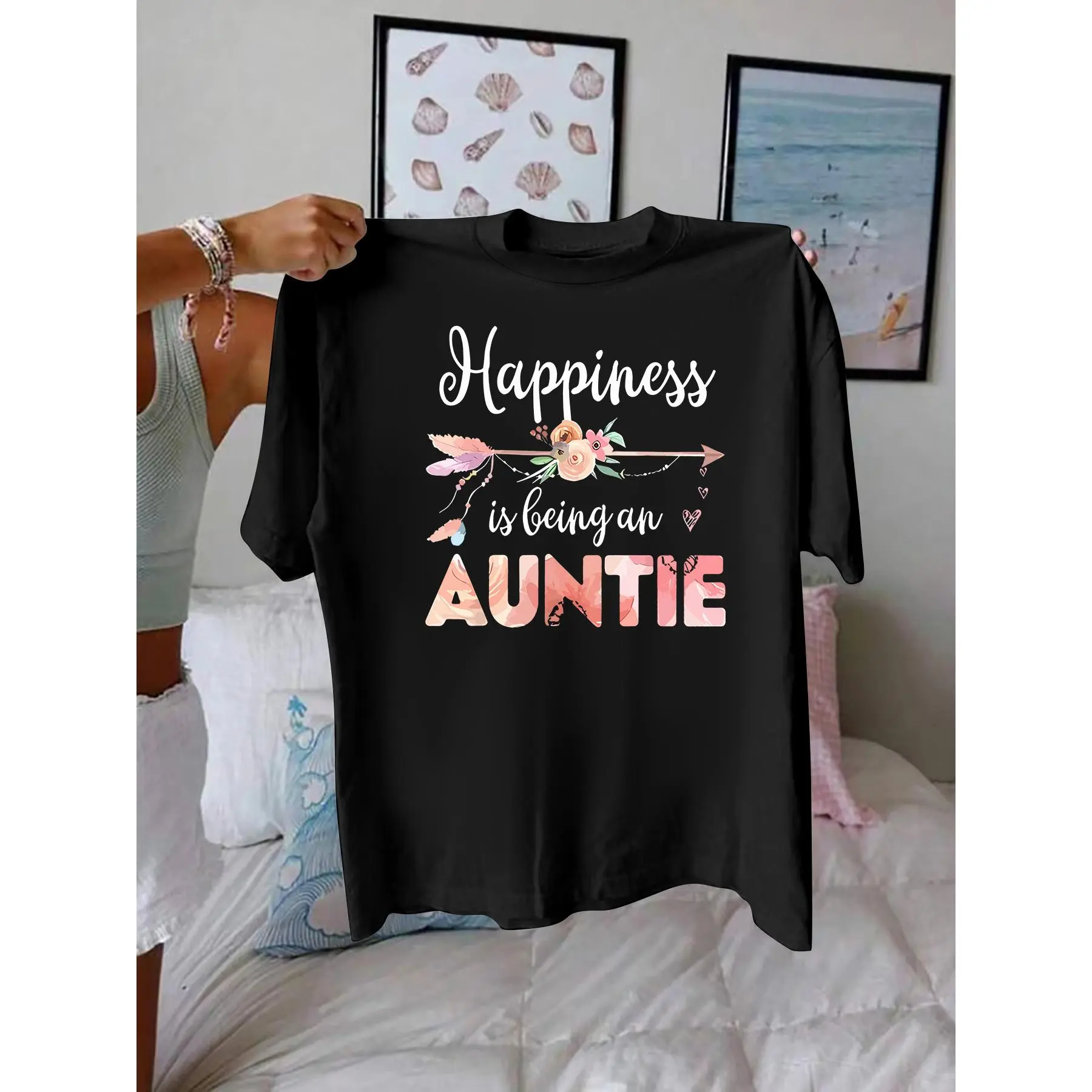 Plus Size Auntie Humor Letter Print Knit Fabric T-Shirt - Short Sleeve Polyester Round Neck Streetwear Sports Top, Stretch Fabric, Lightweight Smooth-Fit, Machine Washable