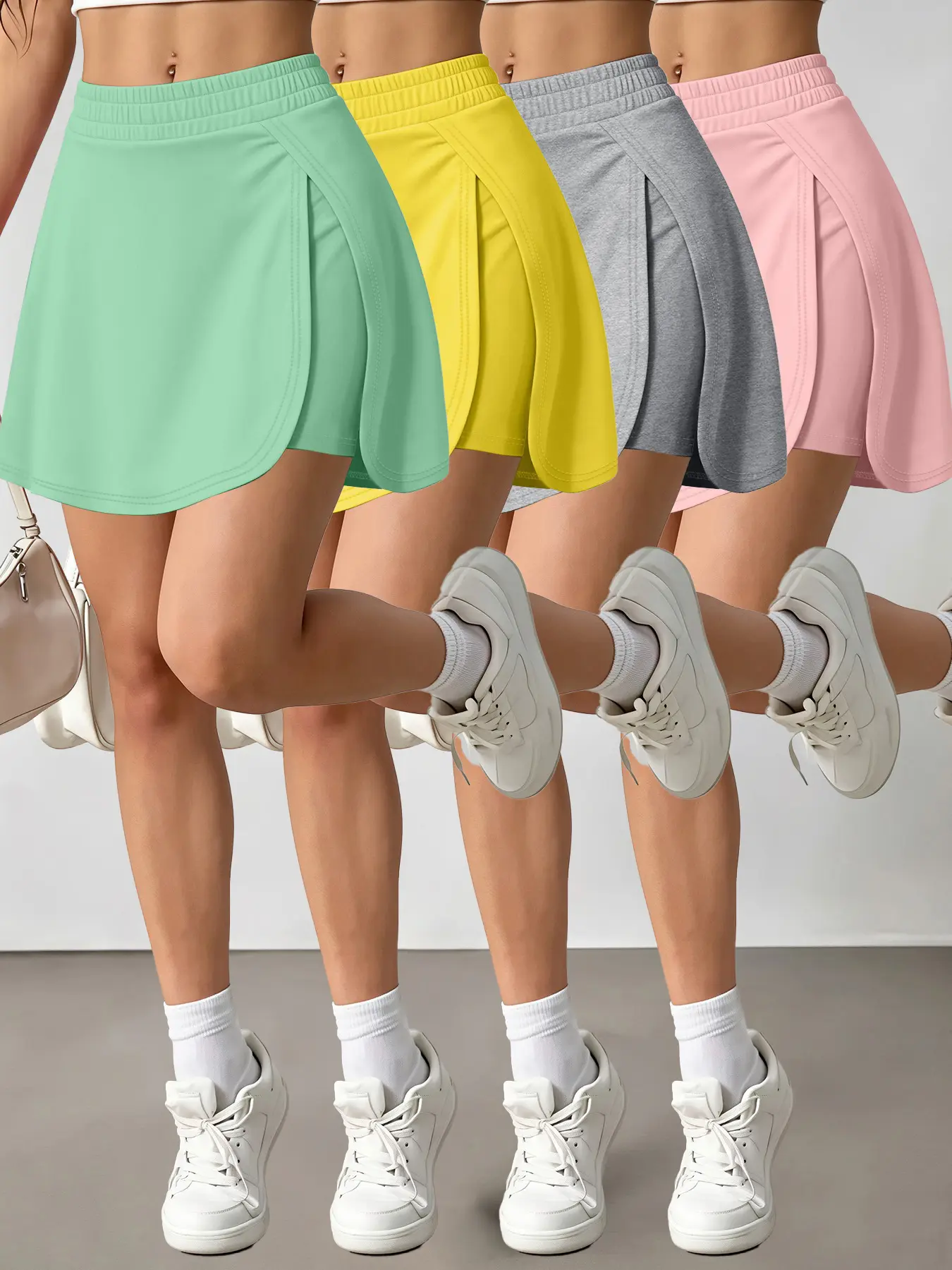 4 Pcs Women's Casual Fashion Lightweight Sporty Solid Color Bottoms, Versatile Multi-Color Options, Office Streetwear Slim Short Pants, Anti-Slip Skirt Pants, Athletic Skirts