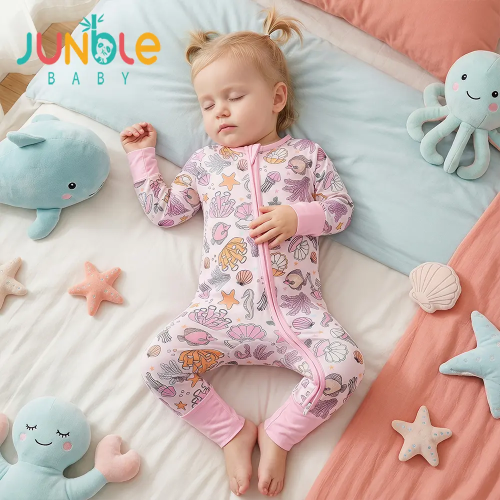 Junblebaby Summer Ocean Theme Bamboo Fiber Baby Romper, Baby Pajamas,Soft Breathable Baby Pajamas 0-36 Months |   2-Way Zipper Onesie with Fold Over Foot Covers,Baby Bamboo Fiber Footed Pajamas,Cute Infant Sleepwear,Bamboo Fiber Baby Sleeper 0-36 Months,
