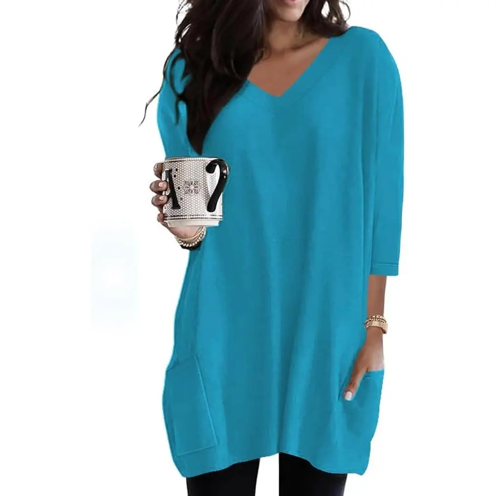 Women's V-Neck 3/4 Sleeve Tunic Tops with Pockets for Leggings, Casual Long T-Shirts S-3XL(Gift)