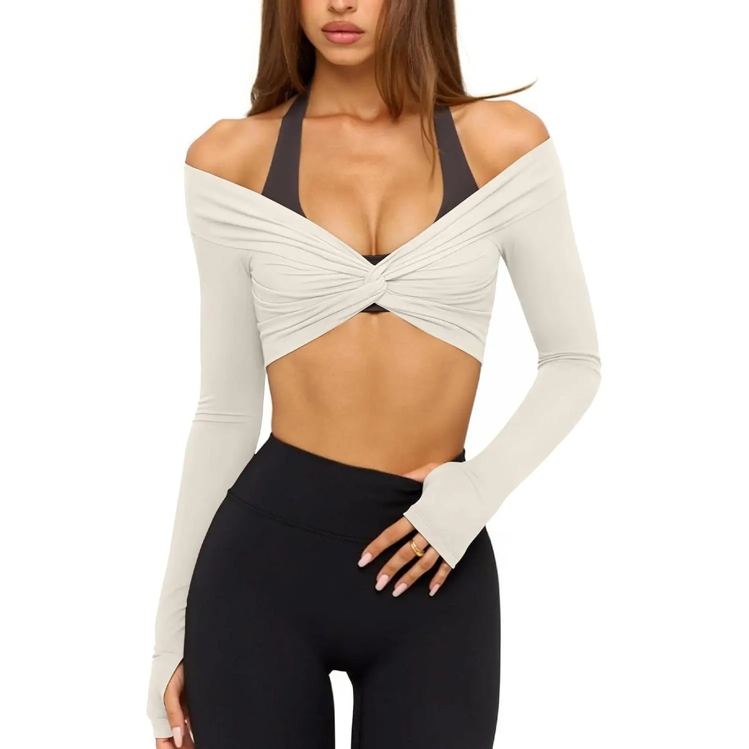 Women’s Twist Front Long Sleeve Workout Top, Wrap Shrug Crop Top for Yoga, Pilates, Gym, Dance & Fall Activewear
