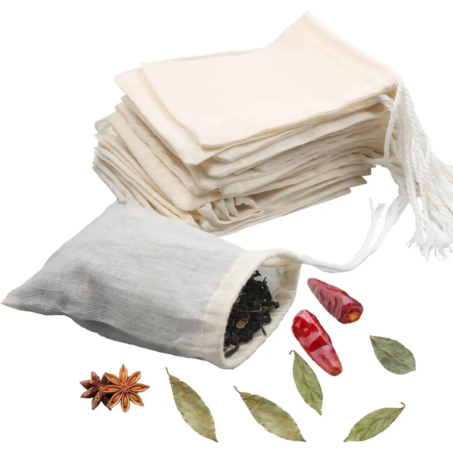 Reusable Sturdy Muslin Tea Filter Bag Set, 3x4in Washable Natural Unbleached Cotton Cheesecloth Strainers for Cold Brew Coffee & Tea Brewing