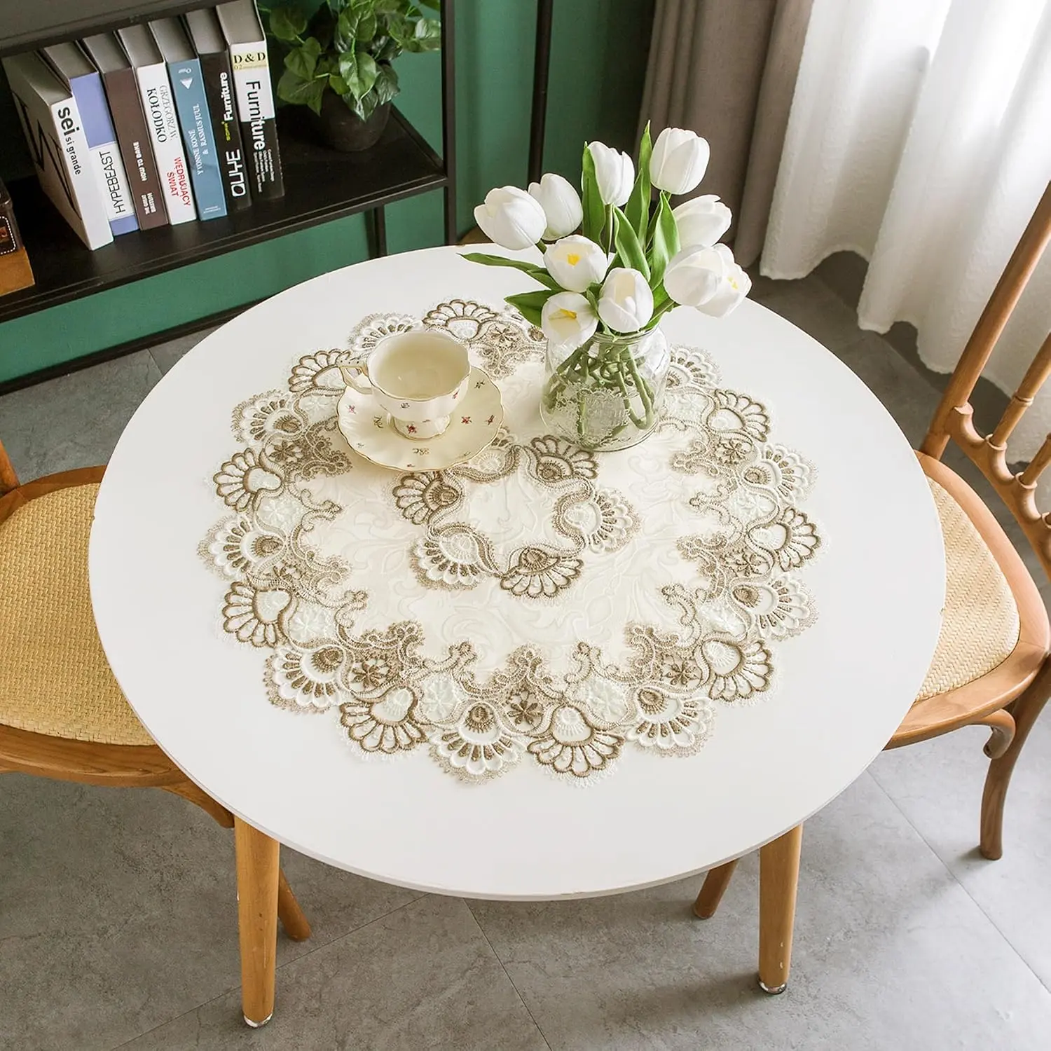 Lace Small Round Tablecloth Doilies for Tables, 24 inch | Table Topper Scarf, Embroidered  Table Cloth with Macrame Border for Dresser Wedding Party Placemat Stone
