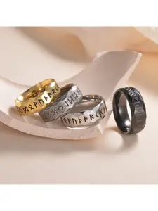 Gold Tone Hammered Faceted Wide Band Ring with Black Engraved Viking Runes for Women Men, Vintage Norse Mythology Runic Stainless Steel Ring, Edgy Streetwear Retro Jewelry for Daily Wear Party Birthday Gift